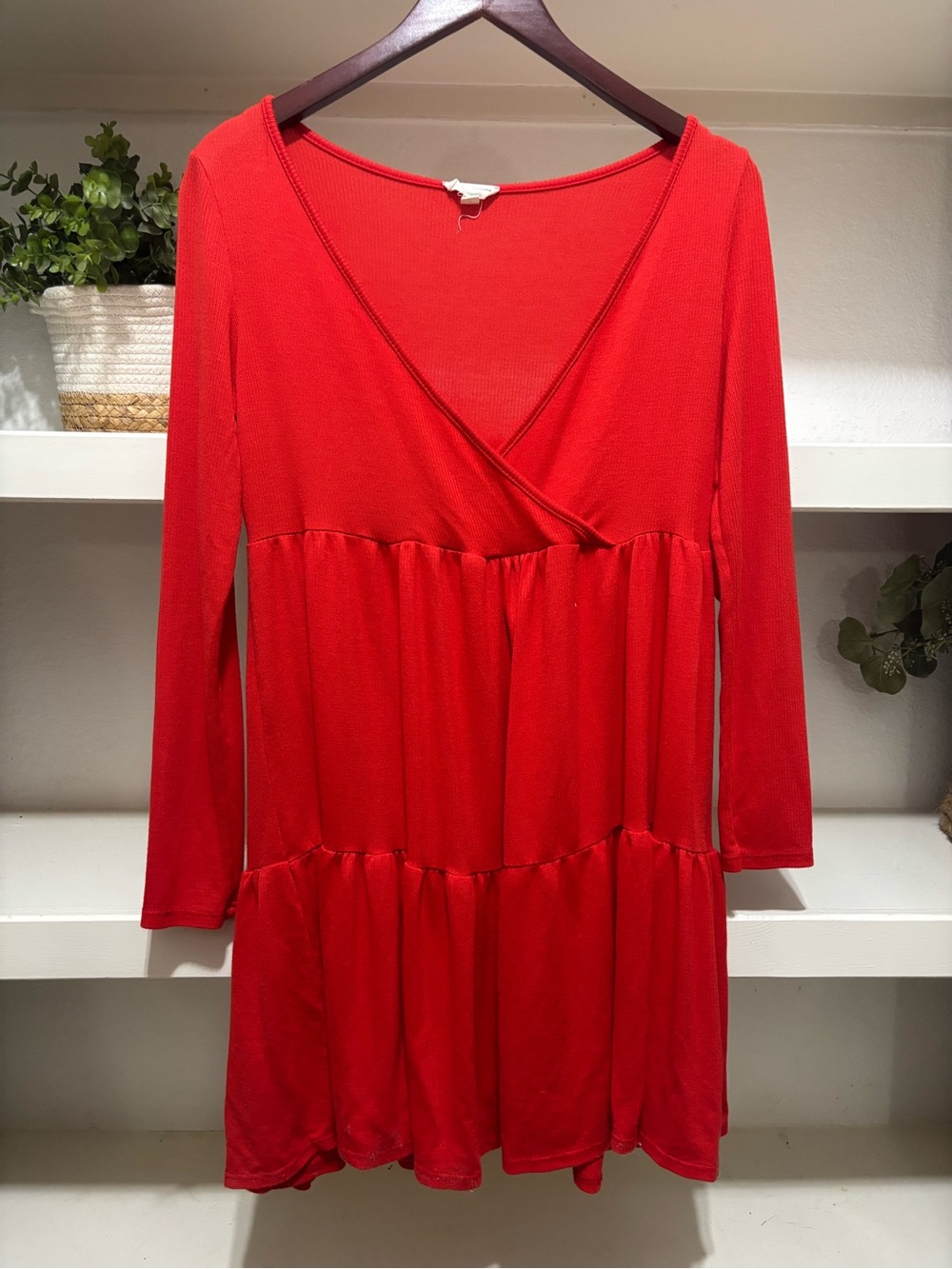See You Monday Red Long Sleeve V-Neck Tiered Dress